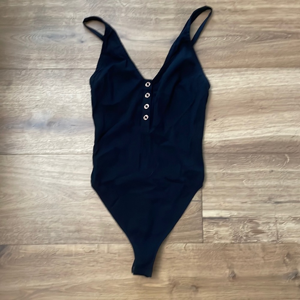 Intimately Yours XS Black stretch thong, adjustable strap bodysuit, 4 snap front